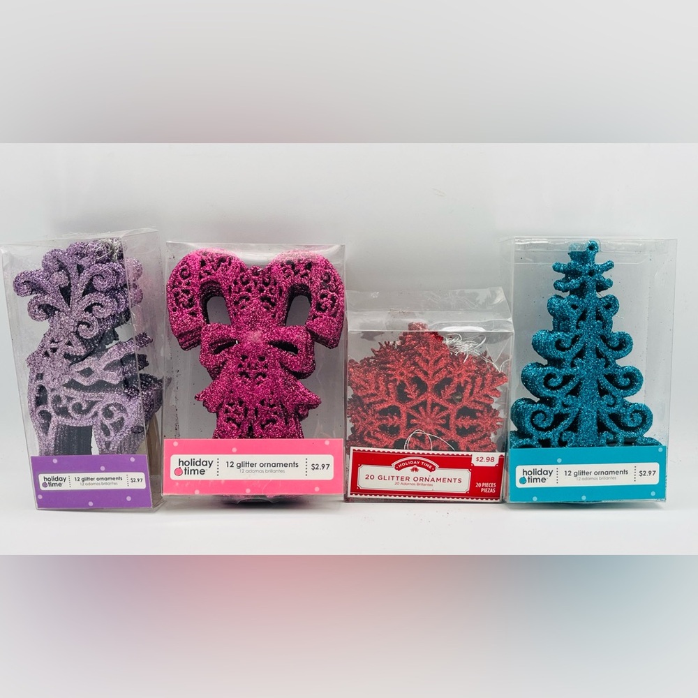 2D Holiday Christmas Glitter Non Breakable Ornaments Tree Reindeer Candy Cane